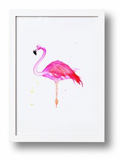 a pink flamingo standing in front of a white wall with watercolor paint on it