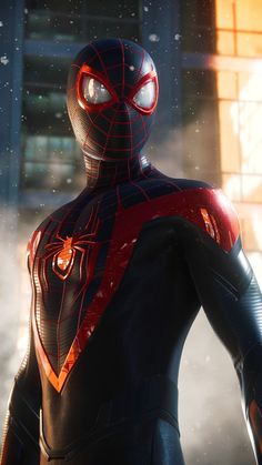 the amazing spider - man is standing in front of a building