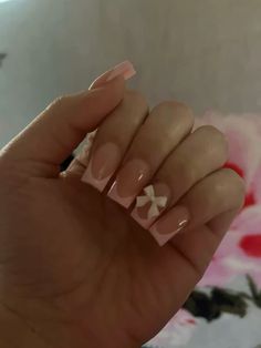 Nails Inspiration French Tip Square, Nails With Hart, Nail Inspo Coffin French Tip, Nail Inspo For School, Bow Charm Nails, Short Nail Designs Simple, Cute Nails Square, Simple White Nails, Acrylic Nails Simple