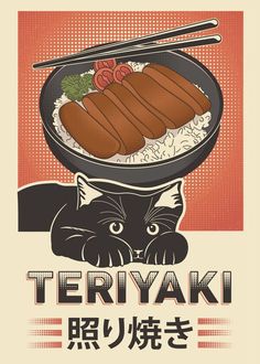 there is a poster with an image of a cat eating sushi and chopsticks