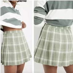 Aerie Pleated Plaid Mini Skirt Light Sage Green And White Plaid Pleated Flat Front Waist With Elasticized Stretch Back Waistband Side Zipper And Button Closure Unlined Polyester/Viscose Retro 2000s Y2k Style, Preppy, Dark Academia, Light Academia, Schoolgirl Size Xs Brand New With Tags! Approximate Measurements Laying Flat: Waist: 11.5" Length: 15" Preppy Dark Academia, White Plaid Skirt, Preppy Skirt, Plaid Pleated Mini Skirt, Ruffled Mini Skirt, Twill Skirt, White Skort, Tiered Mini Skirt, Pleated Tennis Skirt