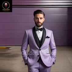 a man in a purple tuxedo standing next to a garage door with his hands in his pockets