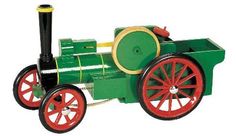 a green toy train with red wheels