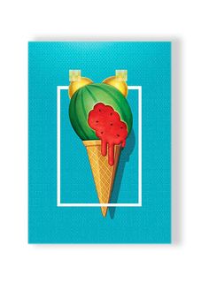 an ice cream cone with watermelon in it on a blue background, framed by a white rectangle