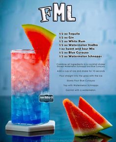 a watermelon and blue drink in a tall glass