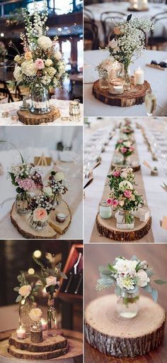 wedding centerpieces are arranged on wooden slices and placed in vases with flowers