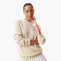 Enjoy the ultimate in premium comfort with this sophisticated cashmere knit. This timeless sweater blends Bandier sporting style and Lacoste elegance, creating a unique, exclusive piece for all seasons. Elegant Wool Sweater For Loungewear, Elegant Crew Neck Sweater For Loungewear, Elegant Long Sleeve Sweatshirt, Classic Sweater For Loungewear, Timeless Sweater, Cashmere Sweater Women, 2024 Collection, Cashmere Sweater, Cashmere Sweaters