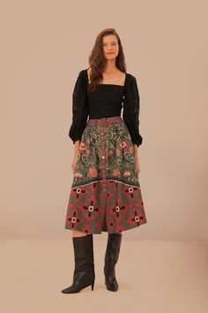 Green Floral Skirt Outfit, Floral Skirt Outfit, Floral Skirt Outfits, Green Floral Skirt, Button Midi Skirt, Delicate Embroidery, Belt Style, Green Button, Vibrant Green