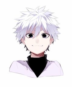 an anime character with white hair and black shirt, looking at the camera while he is wearing