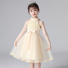 This Halter Lapel Lace Flower Girl Princess Dress is for girls. A gorgeous dress for your little princess on her special day. This dress is so adorable and can be worn for wedding parties to other occasions. Features: Halter lapel lace design. Knee-length dresses. Sleeveless design. Round neck collar. Comfortable to wear. Casual style. Fabric & Care: Made of high-quality polyester, voile, and mesh fabric. Hand wash is applicable. Do not bleach. Size Chart (inches):Please order one size bigger fo Flower Girl Dresses Short, Short Princess Dress, Kids Pageant Dresses, Kids Pageant, Flower Girl Dresses Champagne, Sleeveless Flower Girl Dresses, Cheap Flower Girl Dresses, Pink Flower Girl Dresses, Kids Party Dresses