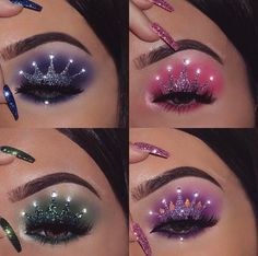 Eyeshadow Makeup With Rhinestones, Bling Eyeshadow Looks, Snowflake Makeup, Maddie Euphoria, 15 Hairstyles, Makeup Collage, Princess Ideas, Evening Eye Makeup