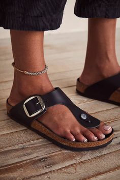 Gizeh Big Buckle Birkenstock | Free People Big Buckle Birkenstock, Gizeh Birkenstock, Womens Birkenstocks, Birkenstock Outfit, Birkenstock Style, Black Sandals Flat, Birkenstock Black, Footbed Sandals, Fancy Shoes