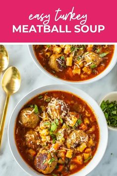 two bowls of easy turkey meatball soup