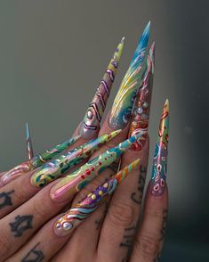 Nail set that made my brain explode a little 😅 inspired by tropical fish patterns and boosted by interdimensional rave experiences 😇 #nailartmilano #unghielunghe #unghieextreme #unghiestiletto #unghiemilano Rave Nails, Cool Nails, Fish Patterns, My Brain, Dope Nails, Tropical Fish, Fish