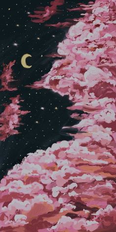 an abstract painting of pink clouds and the moon in the night sky with stars above them