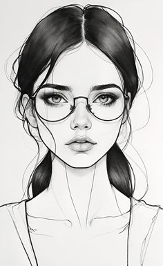 a black and white drawing of a woman with glasses on her face, looking at the camera