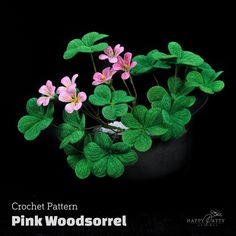 some pink flowers and green leaves on a black background with the words crochet pattern