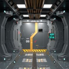 a sci - fi space station with yellow and black lines going through the door to another room