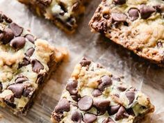 chocolate chip cookie bars sitting on top of a table