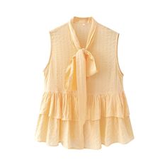 Fabric Type: ChiffonMaterial: PolyesterPattern Type: SolidStyle: SweetClothing Length: RegularDecoration: RUFFLESModel Number: B1C001Tops Type: Tank TopsItem Type: Tops Sleeveless Ruffled Blouse For Daywear, Yellow Sleeveless Top With Ruffles, Summer Tie Neck Blouse With Ruffles, Yellow Sleeveless Blouse With Ruffles, Sleeveless Yellow Blouse With Ruffles, Sleeveless Ruffle Blouse For Daywear, Ruffled Sleeveless Blouse Vest For Summer, Sleeveless Ruffled Vest Blouse For Summer, Sleeveless Ruffled Vest For Summer