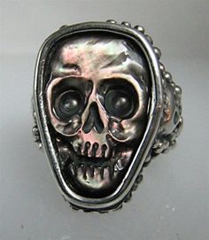 "Black Rain Black Mother of Pearl carved skull Ozzy inspired me to do this. Read the lyrics to his song. \"Black Rain\"" Optical Illusion Images, Skeleton Jewelry, Enchanted Gardens, Bone Ring, Carved Skull, Black Rain, Skull Face, Jewels Rings, Skull Carving