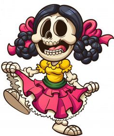 a cartoon skeleton dancing in a pink dress