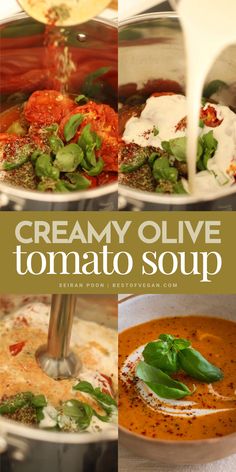 creamy olive tomato soup with fresh basil and parmesan cheese is ready to be eaten