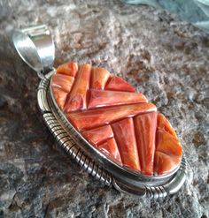 Sterling Silver Native Hand Made Fabulous Orange Spiny Oyster Cobble Stone Inlay Pendant, Signed By Artist, Stamped Sterling, Gallery Piece!!...Huge And Stunning!! Cobble Stone, Stone Inlay, Ancient Jewelry, Spiny Oyster, Womens Jewelry Necklace, Hand Made, Jewelry Making, Women Jewelry, Sterling Silver