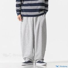 OrcaJump - Stylish Wide-Leg Linen Cotton Casual Trousers for Leisure Wear Gray Baggy Casual Pants, Casual Gray Bottoms Solid Color, Casual Gray Plain Pants, Plain Gray Casual Pants, Casual Plain Winter Pants, Casual Solid Color Harem Pants, Gray Casual Pants, Hip Hop Joggers, Fall Pants