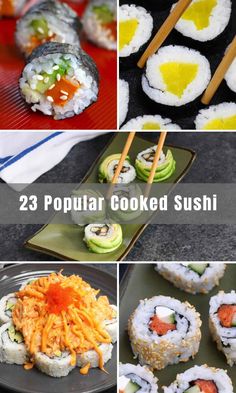 some sushi are being served on plates with chopsticks and other food items