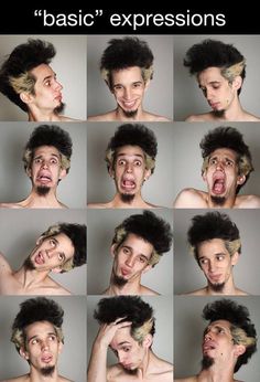 multiple images of a man making faces with his hair blowing in the wind and screaming