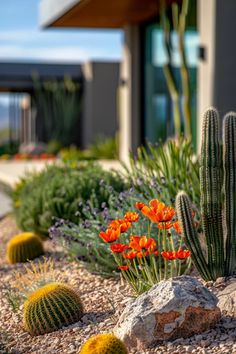 an assortment of cactus plants and rocks in front of a building with flowers growing out of them