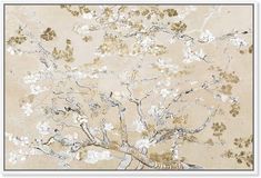 a tree with white and gold leaves in front of a beige wallpapered background