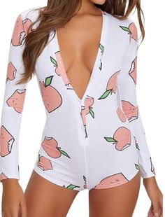 Peachy Women Sexy Long Sleeve Button up Romper Sleepwear Pajamas With cartoon peaches Pyjamas Onesie, Pj Romper, Women Long Sleeve Jumpsuit, Long Sleeve Playsuit, Leotard Tops, Bodycon Outfits, Body Suit With Shorts, Onesie Pajamas, Short Playsuit