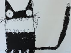 a black and white drawing of a cat with big eyes on it's face