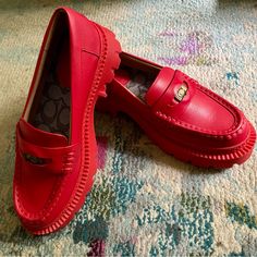 I Purchased These Here At Christmas And They Just Don’t Fit. Not Worn Outside - Beautiful, Luxurious Shoes! Questions? Leave A Comment Below! Red Flat Loafers With Rubber Sole, Chic Red Loafers With Round Toe, Red Leather Sole Flat Loafers, Red Flat Loafers With Leather Sole, Red Loafers With Rubber Sole And Round Toe, Red Loafers With Flat Heel And Red Sole, Red Round Toe Loafers For Work, Chic Red Loafers With Almond Toe, Luxury Red Loafers With Round Toe