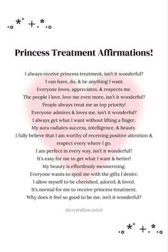 the princess treatment affirmations is shown in pink and black text on a white background