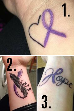 four different tattoos with the words hope, hope and love on them in purple ink