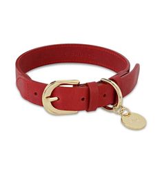 a red leather dog collar with a gold plated metal hook on the front and side