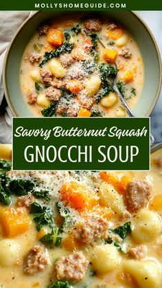 a bowl of gnocchi soup with meat and spinach