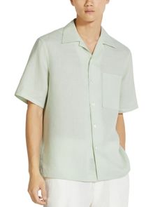 Zegna Oasi Linen Button Down Camp Shirt Green Classic Short Sleeve Shirt With Camp Collar, Classic Green Short Sleeve Shirt With Camp Collar, Green Collared Tops With Welt Pockets, Linen Shirts, Our Values, Light Aqua, Camp Shirt, Aqua Green, Camping Shirt