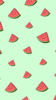 watermelon slices are arranged in a pattern on a light green background with black dots