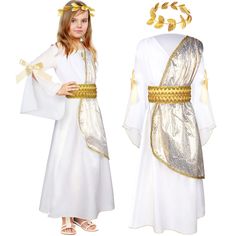 PRICES MAY VARY. Toga Costume: include 1 girls toga costume and 1 leaf laurel wreath, which is a nice classical and stylish cosplay accessory for girls to play the role of a Carnival greek or roman princess, the beautiful combination will make you become the focus in the theme party and crowd Quality Material and Proper Size: Greek costume is made of quality polyester fiber, soft and comfortable, not easy to fade or dim, which can be applied for a long time; And the laurel wreath leaf crown is r Greek Costume Girl, Medusa And Poseidon, Drama Costume Ideas, Roman Crown, Home Made Costumes, Roman Toga, Biblical Costumes, Greek Dress, Bethlehem Christmas