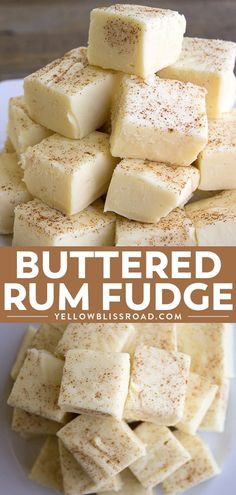 buttered rum fudge on a white plate with cinnamon sprinkled on top