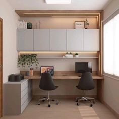 an office with two chairs and a desk