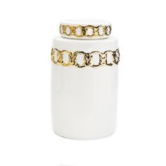 two white jars with gold chains on them