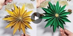 two pictures showing how to make an origami flower with paper and gold leaves