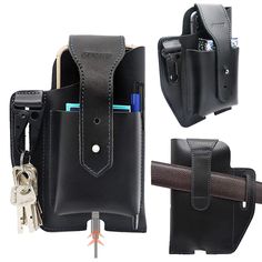 a black leather case with two keys in it