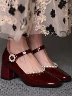 Elegant Heels Classy, Outfits With Mary Janes, Fashion Shoes Boots, Burgundy Shoes, Elegant Heels, Pearl Decor, Heels Classy