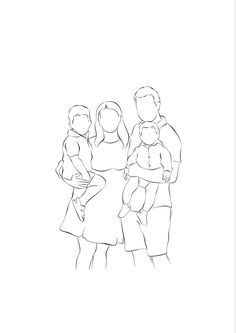 a black and white line drawing of three people holding a baby in their arms, standing next to each other